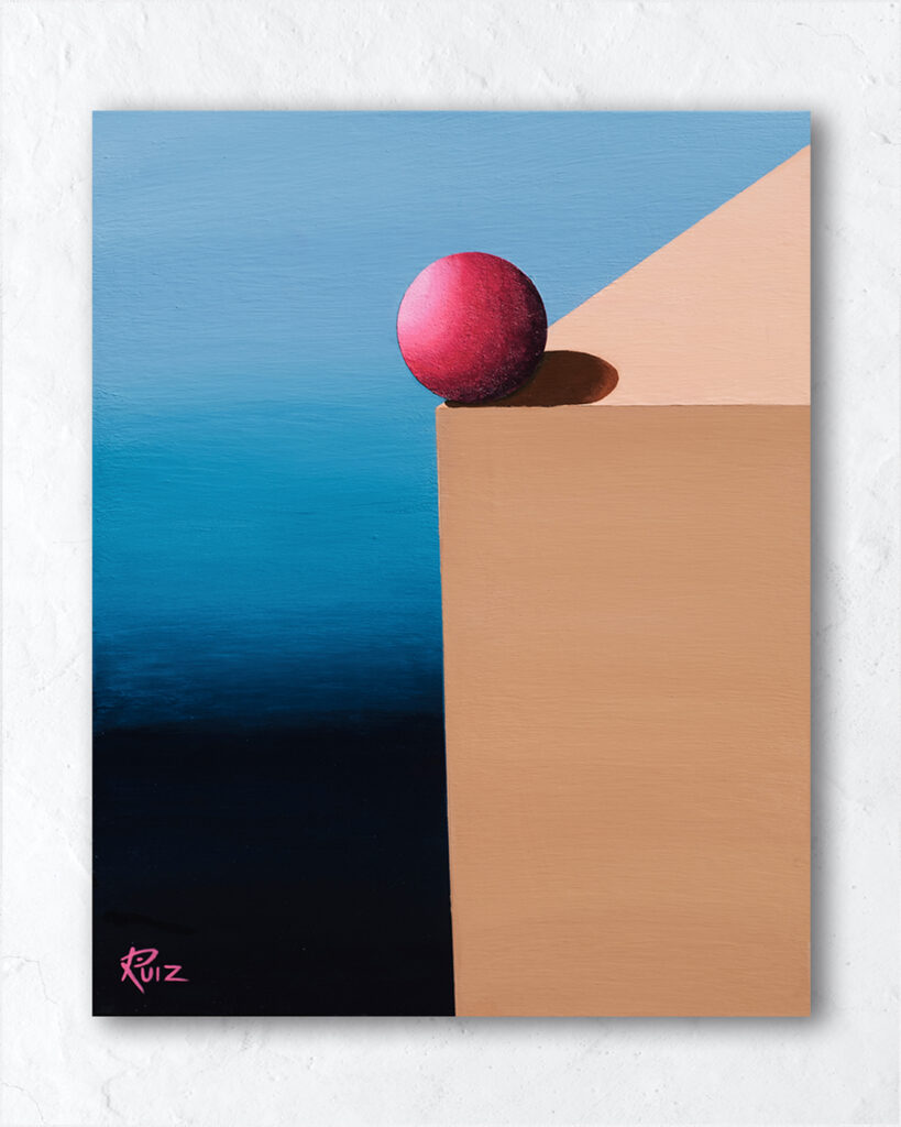 painting of red sphere ontop of beige pillar with blue background