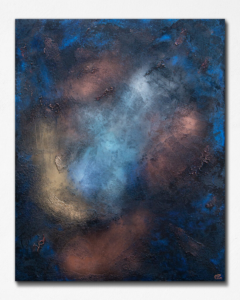 abstract textured painting, blue and gold