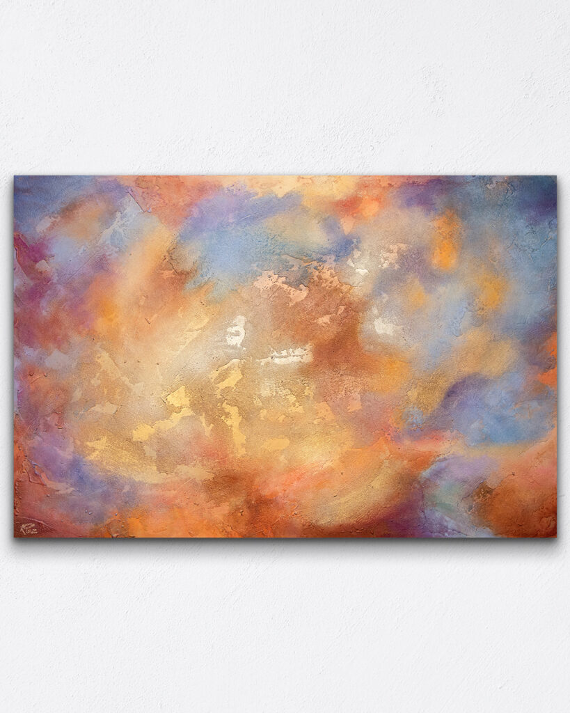 abstract painting orange gold and light blue