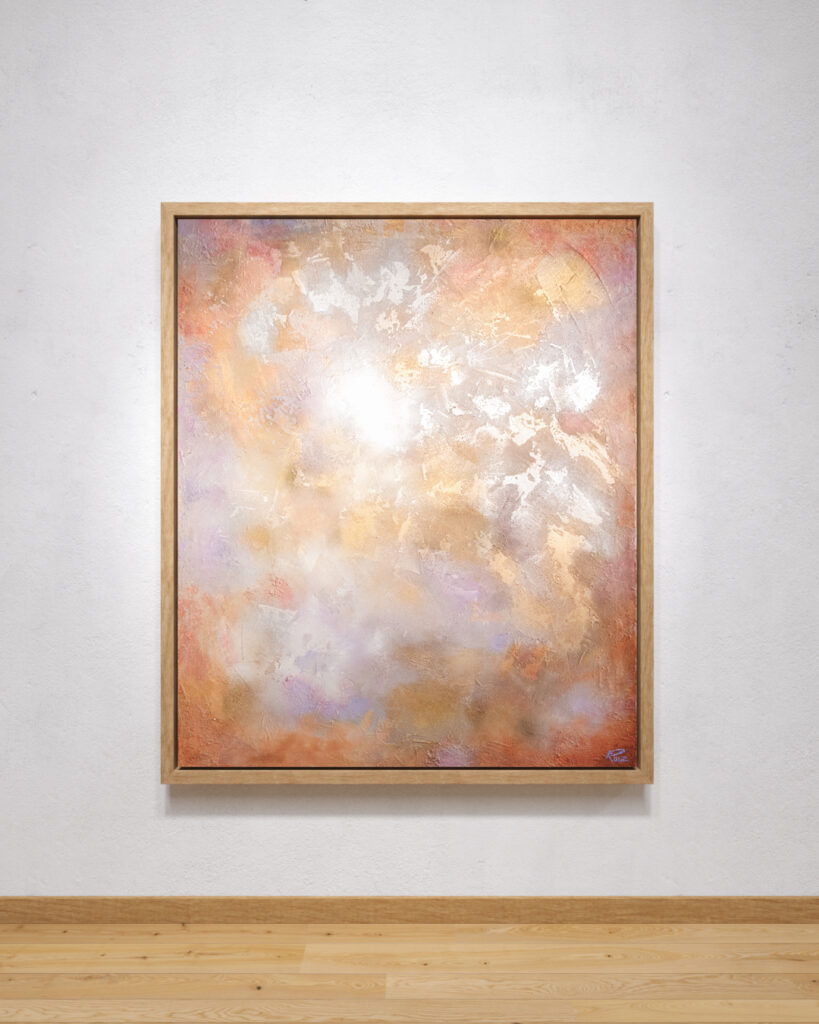 abstract painting hanging on a white gallery wall