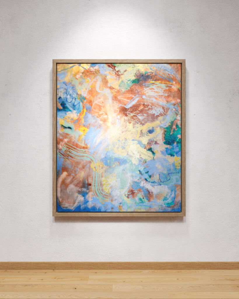 abstract painting hanging on a white gallery wall