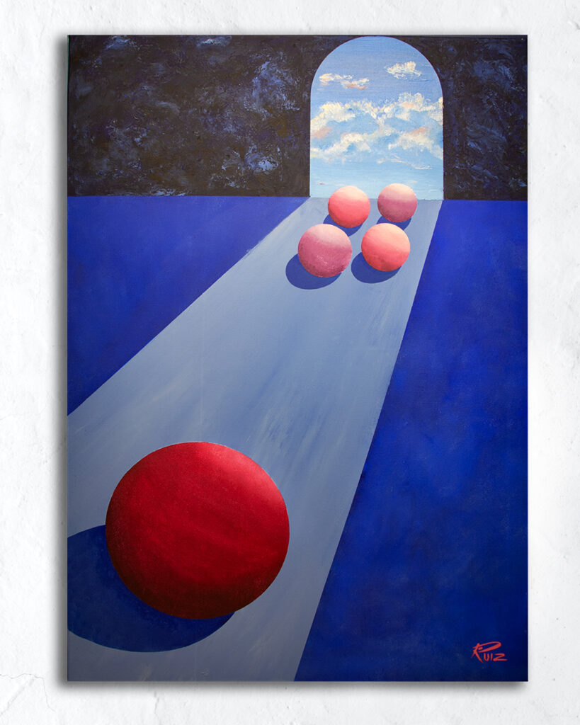 abstract painting of red and pink spheres in blue room